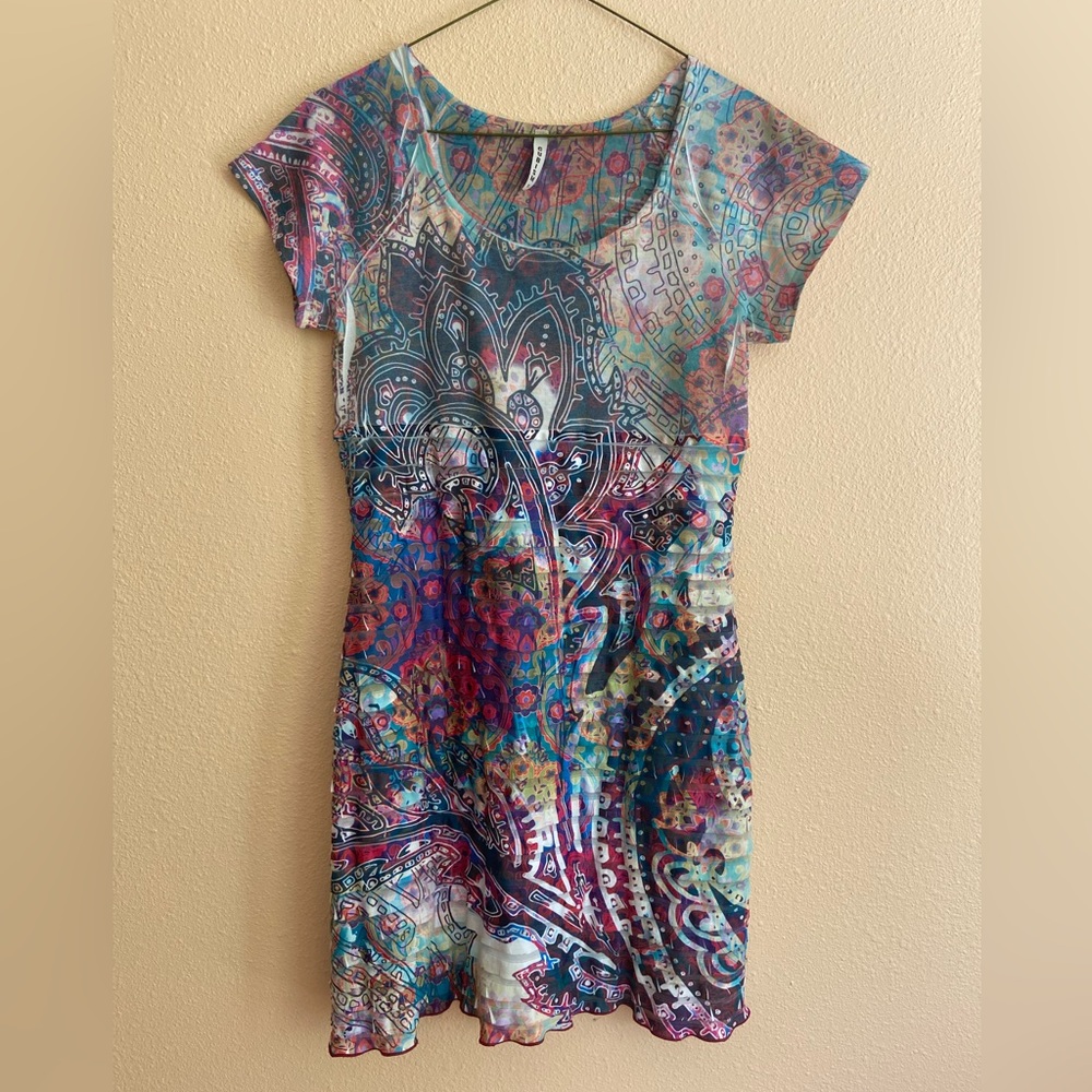 Women’s Cubism Dress, Multicolored Abstract Print With Ruffles, Size Small